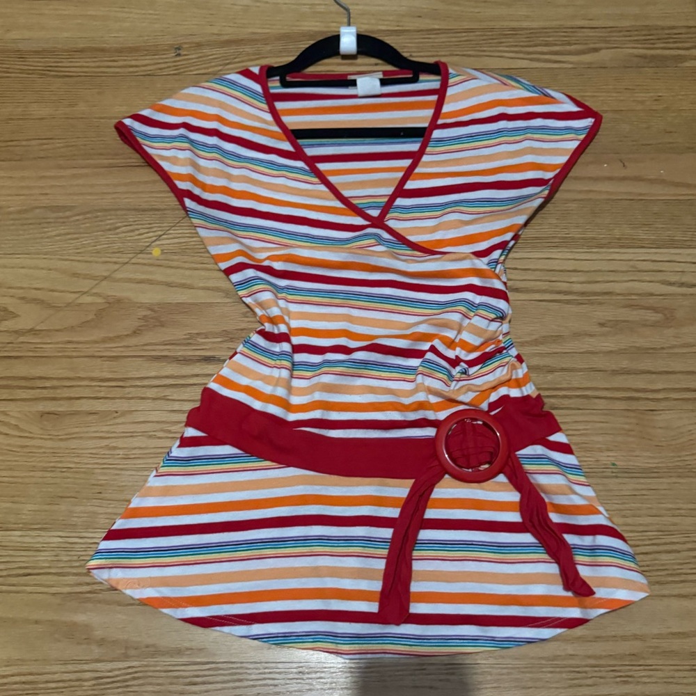 Striped Wrap Dress with Red Belt